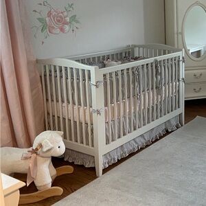 Pottery Barn white and gray striped Crib Padding and Bedskirt